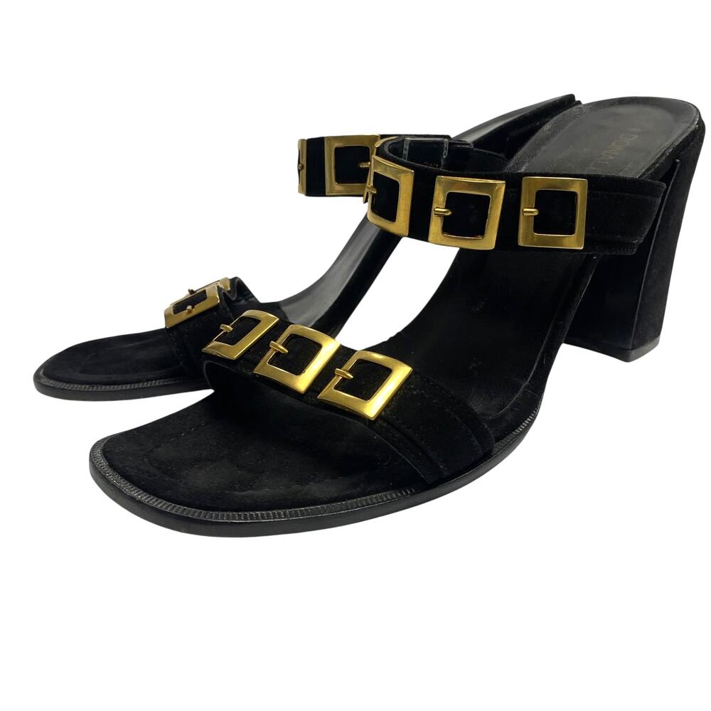 Vintage Donald J Pliner Womens Size 7.5 Black Suede Gold Buckle Y2K 90s Sandals